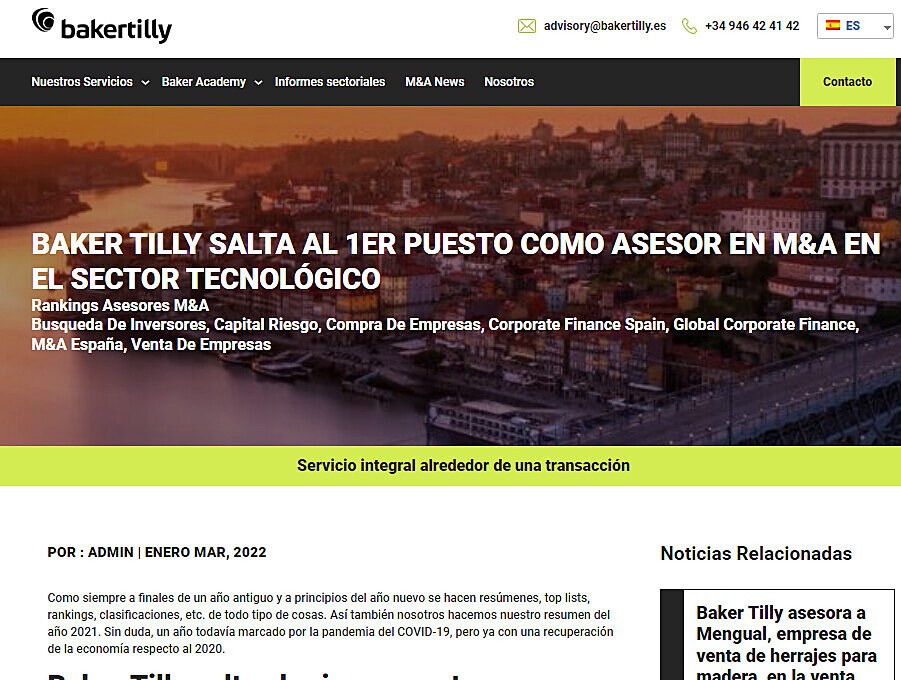 BAKER TILLY SALTA AL 1ER PUESTO COMO ASESOR EN M&A EN EL SECTOR TECNOLGICO